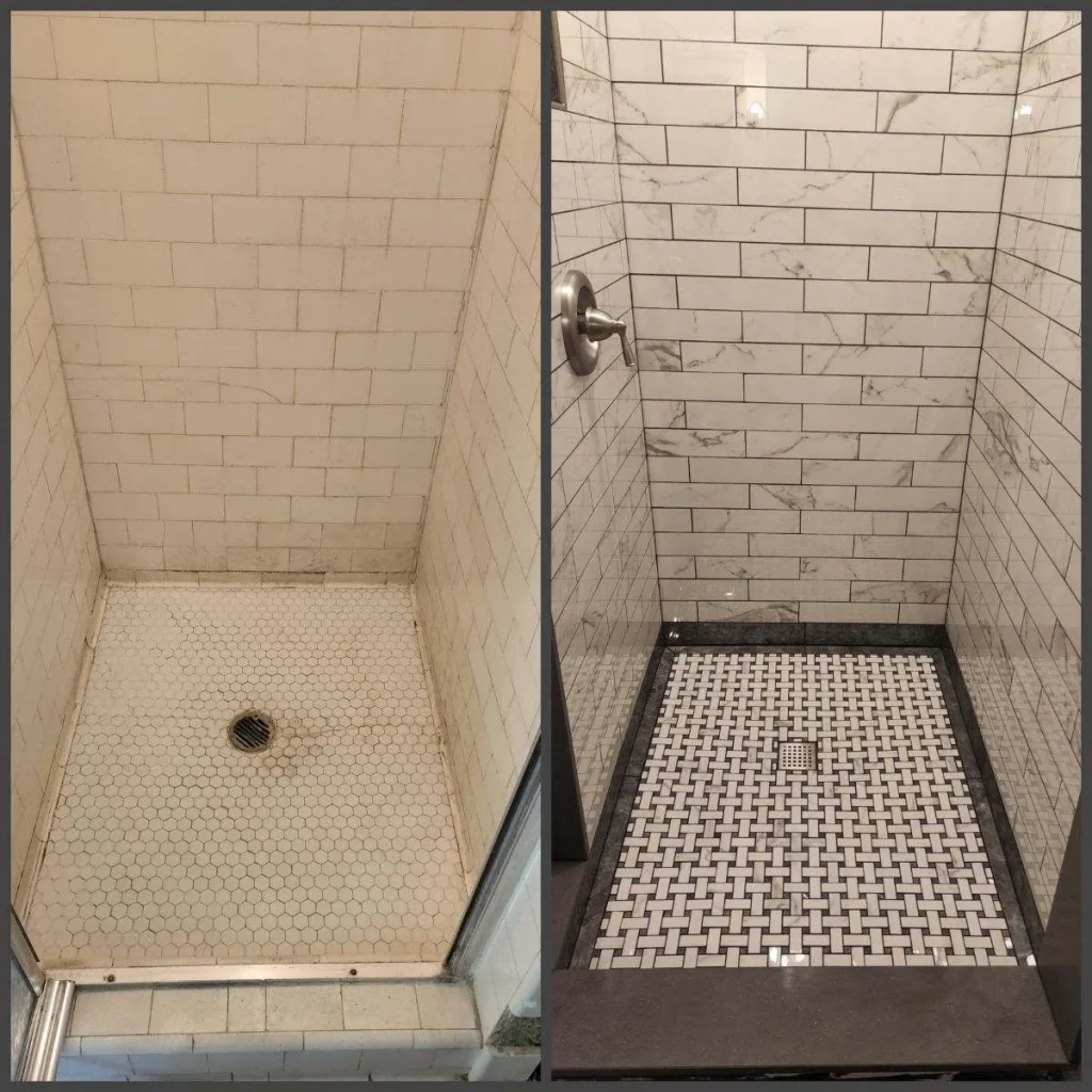 Two tiled showers with white subway walls and contrasting mosaic floors